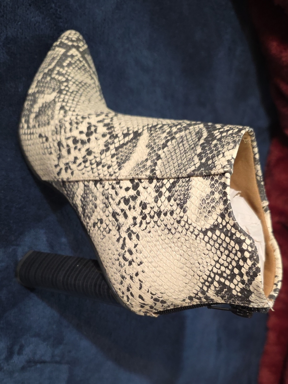 Qupid Snake-Print Pointed Toe Ankle Boot in Beige and Black